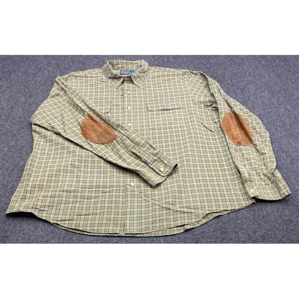 Polo Ralph Lauren Button Down Men XXL Green Plaid Elbow Patches Cotton